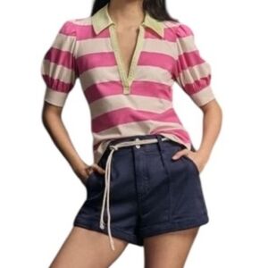 Anthropologie Maeve Pink Striped Puff Sleeve Polo Collar Rugby Shirt XS